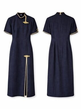 Women’s Navy Blue Dress with Gold Trim - Elegant Short Sleeve Cheongsam Style